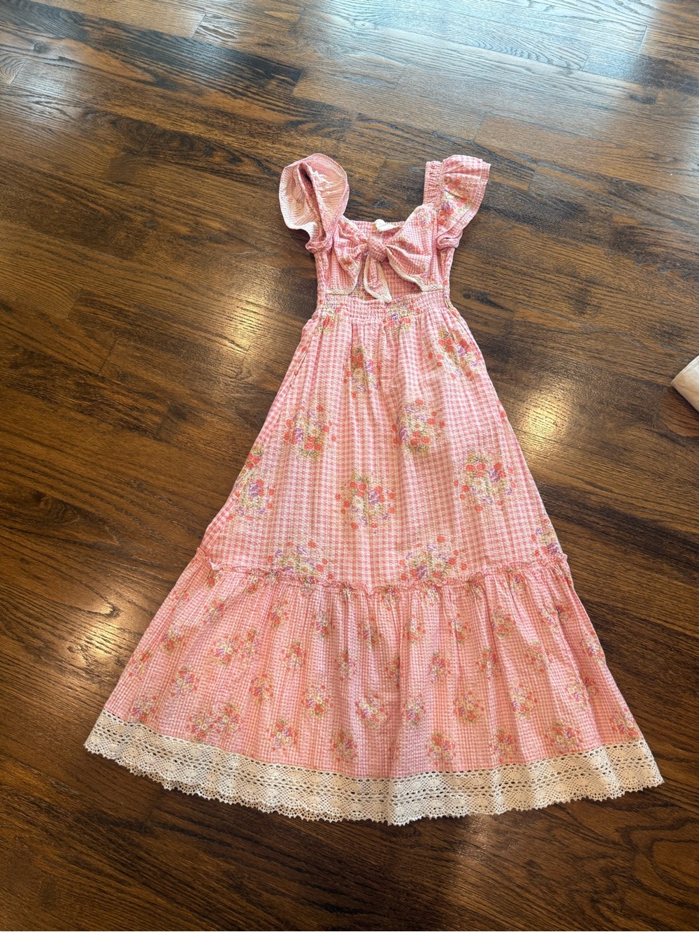 Xhilaration Pink Floral Gingham Maxi Dress with Lace Hem